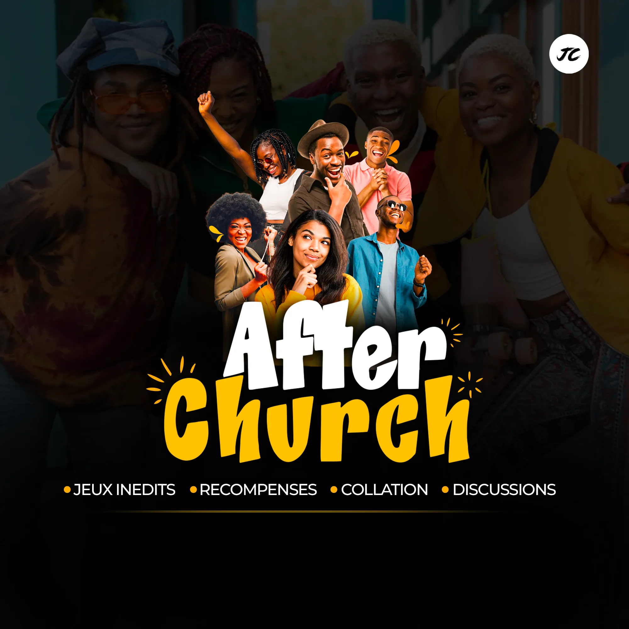 Affiche AfterChurch avec des jeunes souriants en collage, mentionnant jeux inédits, récompenses, collation et discussions.