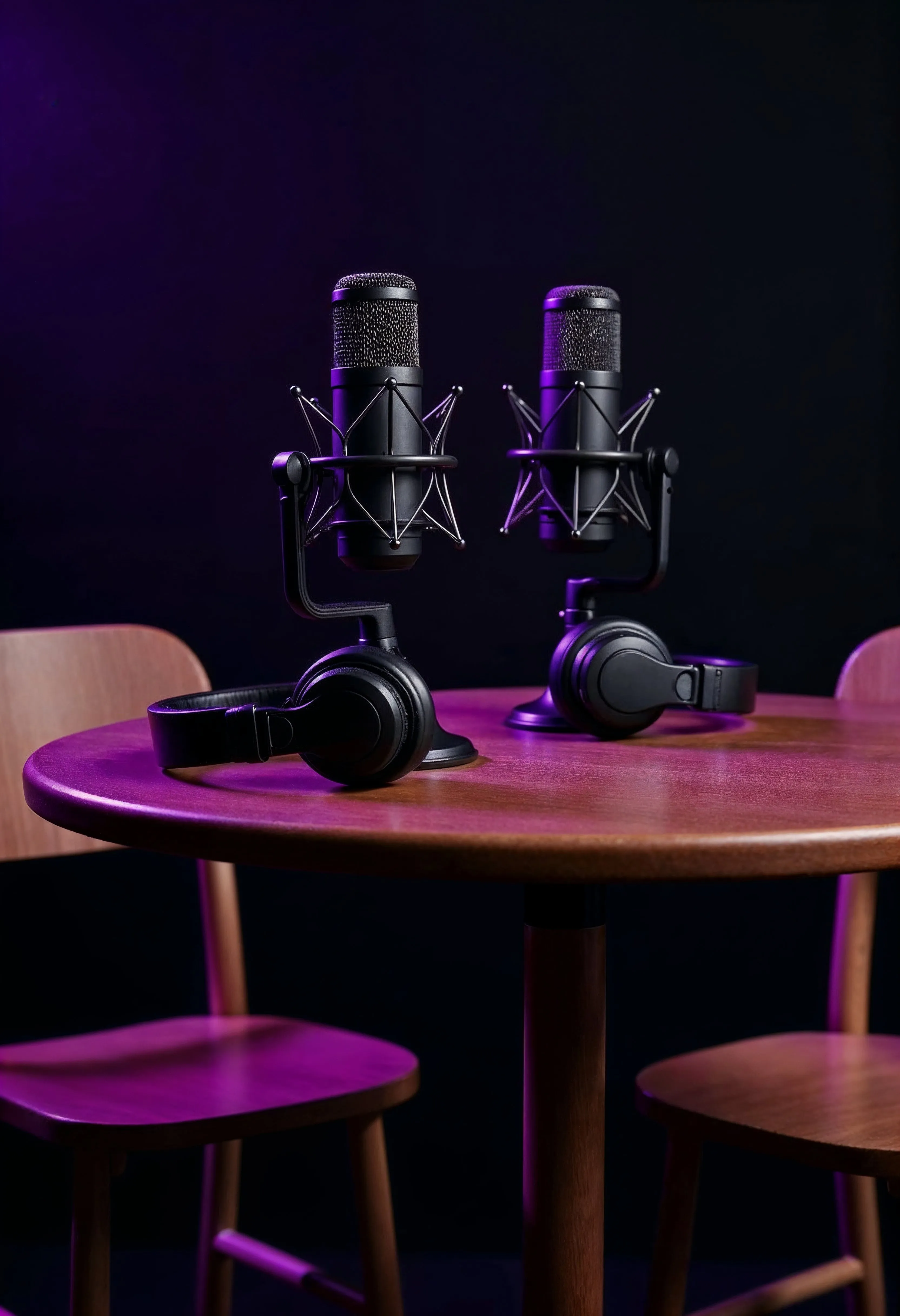 Deux micros de studio et un casque audio posés sur une table, ambiance violette.