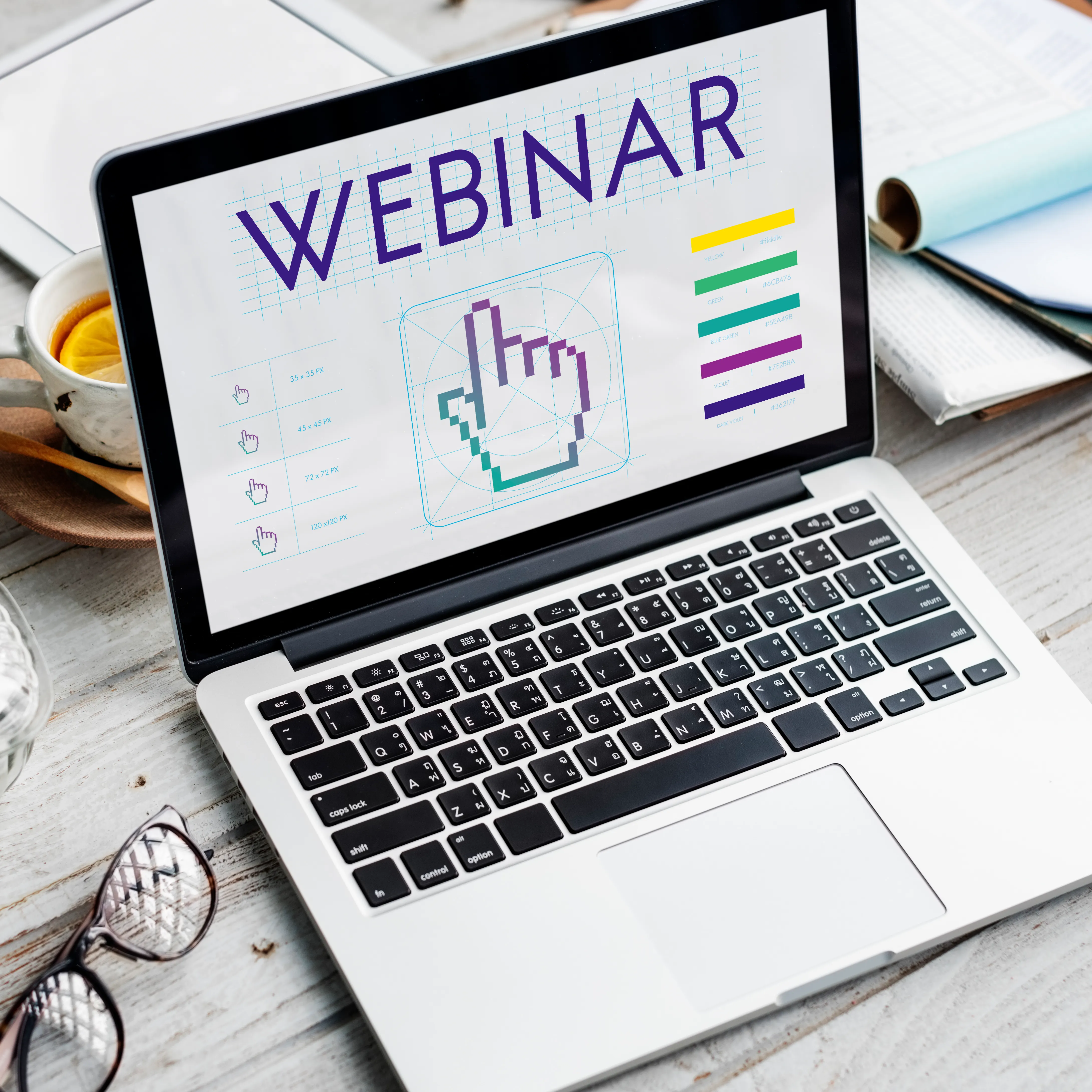 Un ordinateur portable ouvert affichant le mot « Webinar » à l'écran.