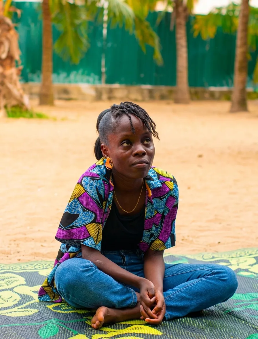 Une jeune femme assise en tailleur, le regard pensif tourné vers le ciel, dans un environnement naturel bordé de palmiers.